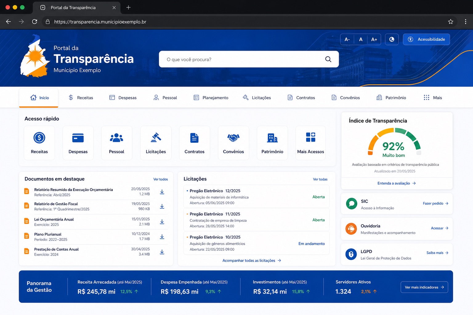 Prévia demonstrativa de portal da transparência com dados fictícios